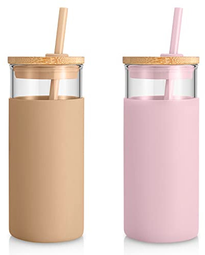 Tronco 20 oz Glass Tumbler with Lid & Straw - Iced Coffee Cup & Smoothie Cup With Silicone Sleeve | BPA-Free, Dishwasher Safe | Reusable Glass Cups with Bamboo Lids and Straws (Pink/Amber, 2 Count)