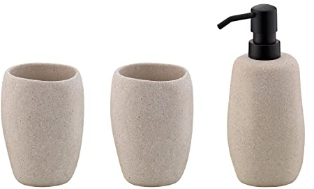 kela Badezimmer Set 3-teilig RODA, Zement, Becher, Zahnbürstenhalter, Seifenspender 200 ml, Steinoptik, Badaccessoires beige