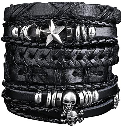 6 Pcs Leather Bracelet Men Braided Wide Wristband Black Punk Rock Skull Bracelet Set for Men Women Woven Cuff Wrap Vintage Bracelet Adjustable Length Woven Leather Bracelet