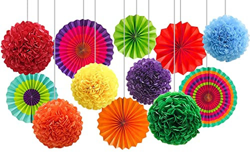12 Stück Bunt Seidenpapier Pompons und Hängende Papierfächer Set,Papier Seidenpompons und Papier Fächer für Faschingsdeko,karnevalsdeko,Party Deko