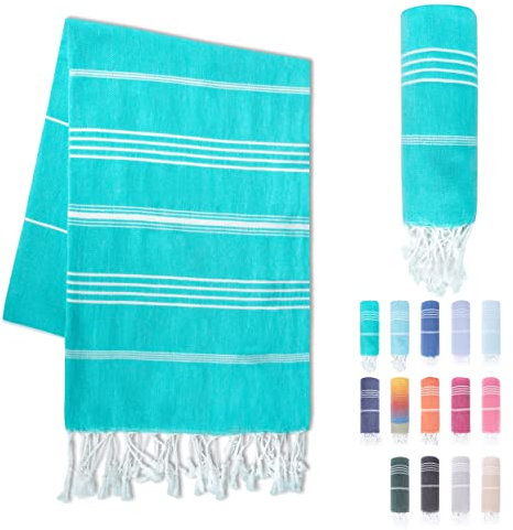 LAYNENBURG Premium Hamamtuch mit handgeknüpften Fransen - 100% Baumwolle - Strandtuch 95x180 cm - Oeko-TEX 100 - Strandhandtuch groß - Saunatuch & Reisehandtuch (Türkis)