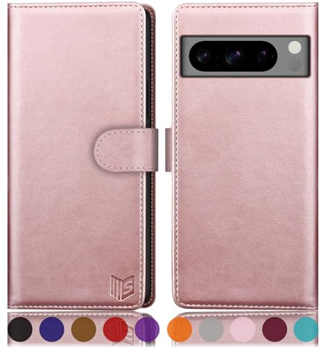 SUANPOT Cover per Google Pixel 8 Pro 5G Blocco RFID Portafoglio Slot CarteSupporto Cellulare Magnetica custodia Pelle Sintetica Cover per Pixel 8 Pro Oro Rosa