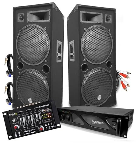 Pack DJ sonorisation BM Bmsonic PA Enceintes 2x15/38cm 4000W bassreflex + Ampli 3000W avec Table de mixage Ibiza + CABLES