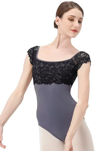 s.lemon Damen Kurzarm Balletttrikot Dehnbar Ballett Tanz Body mit Spitze Grau 175