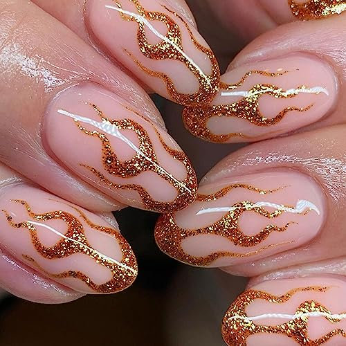 Ceboic 24Pcs Press on Nails Medium Almond, Pink Gold Glitter Fake Nails with Flame Pattern, French Tips Glossy False Nails, Oval Stick on Nail for Women Girls Nail Art