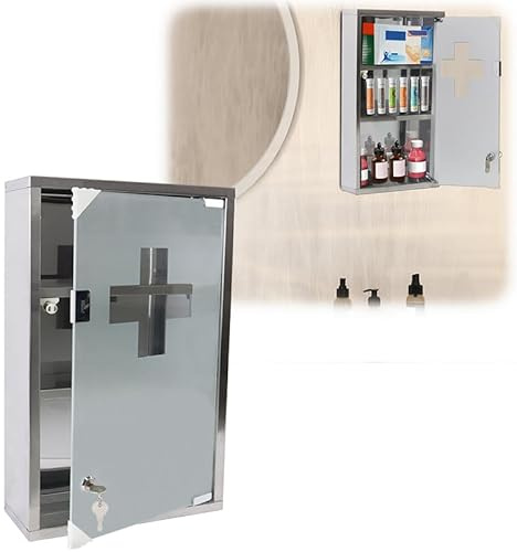 YUENFONG 3 Fächer Medizinschrank aus Edelstahl, Arzneischrank Abschließbar Apothekerschrank mit Glas Tür - Einlegeboden, Medikamentenschrank mit 2 Schlüsseln, 30 x 12 x 50 cm