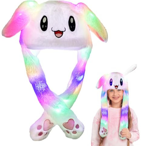 Riisoyu Beweglicher Ohr Kaninchen Hut, Niedliche Hase Plüsch Hut mit LED Licht Hasen Mütze mit Leuchtender Beweglichen Hut für Make up Party, Weihnachtsfeier Fasching, Karneval Cosplay(Weiß)