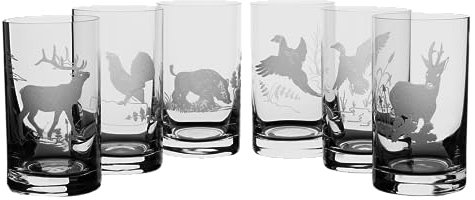 Lot de verres à eau avec gravure 230 ml - Motifs de chasse - Verres à boire gravés - Cerf - Perdrix - Sanglier - Canard - Coq