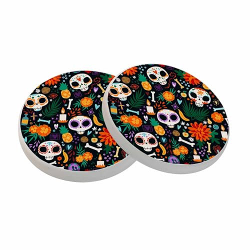oFloral Untersetzer mit Totenkopf-Motiv für Getränke, Tag der Toten, Knochen, bunt, ethnisch, Mexiko, rund, 10,2 cm, für Couchtisch, Haus, Geschenke, Heimdekoration