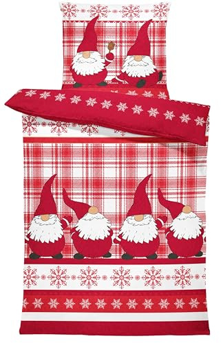 one-home Winter Bettwäsche Thermo Fleece Kuschelig Warme Bettbezüge Flauschig Warm Weich, Größe:2 teilig 155x220 cm, Farbe:Wichtel Rot