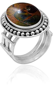 Veracity Jewelry 925 Sterling Silver Gemstone Statement Rings – Gift For Birthday Wedding Anniversary Mother's Day Ring – Vintage Boho Style Handmade Gifts (Fruite Ajoobalite Ajooba Jasper)