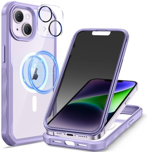 seacosmo Magnetic for iPhone 14 Case 6.1 Inch, Privacy Phone Case Compatible with Magsafe Built-in 9H Tempered Glass Privacy Screen Protector and Camera Protective Full Body Shockproof Case, Purple