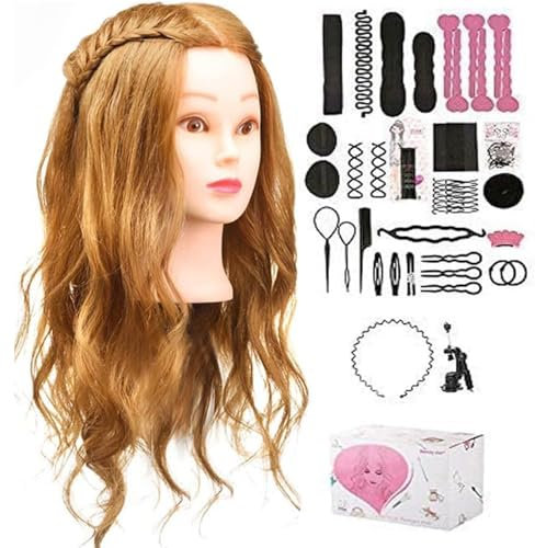 Übungskopf, TwoWin 80% Echthaar Friseurkosmetik Mannequin Kopf mit Klammerständer und Geschenken - Gold
