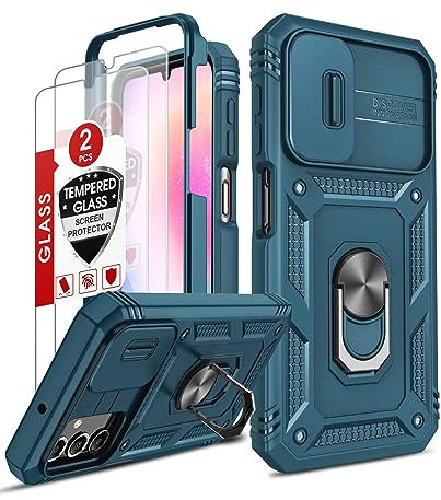 LeYi Hülle für Samsung Galaxy A25 5G Objektivschutz Handyhülle & 2*Glasfolie Schutzglas,Hybrid Kammeraabdeckung Schutzhülle Outdoor Ringhalterung Cover Kratzfest A 25 Case Halter Handy Hüllen Blau
