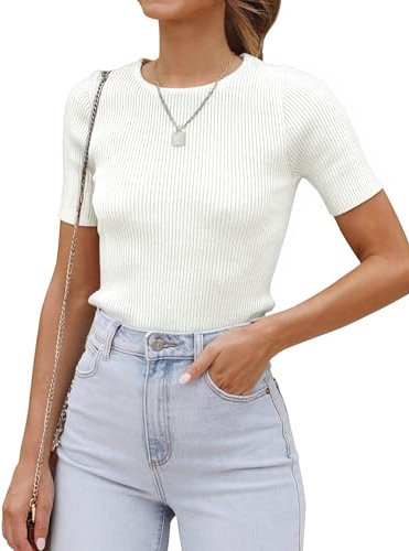 Cuptacc T-Shirt Donna Maniche Corte Maglietta Girocollo A Costine Cotone Magliette Estate Chic Bianco,XL 46-48