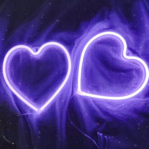 lila Heart LED Neon licht Leuchtschild dekorative Valentinstag dekorative Liebeslampe für Mädchen Jungen Zimmer Wand deko, batteriebetriebene Neon-Herz-Geschenke für Ehefrauen, 7,8 x 8,2 Zoll(2 Stück)
