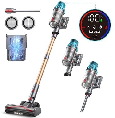 Laresar Aspiradora sin Cable 45kPa/550w Escoba Aspirador sin Cable Pontente hasta 60 Mins, Ultra 7 Aspiradora Escoba Inalámbrico con Pantalla Táctil Antienredo para Suelo/Alfombra, Capacidad 1.5L
