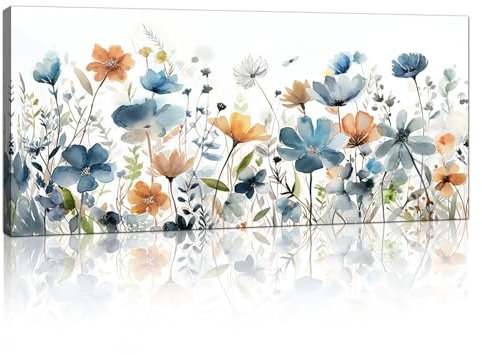 Mit Rahmen Großes Leinwandbilder Bilder Aquarell Marineblaue Wildblumen bild auf leinwand Wandkunst Modern Wandbilder XXL Kunstdruck Deko für Wohnzimmer Schlafzimmer fertig zum Aufhängen 120x50cm
