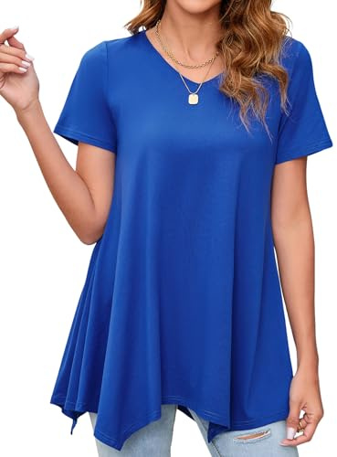 Enmain Tunic Tops for Women UK Summer Womens V Neck Short Sleeve Casual T Shirt Plus Size Tunics for Leggings Ladies Blouse Shirts Hanky Hem,Royal Blue,2XL