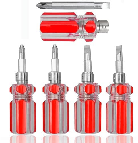Treki 5pcs Stubby Screwdriver Set, 2 in1 Short Handle Phillips Screwdriver Mini Hand Screwdriver Mini Short Screw Driver Tools Magnetic Dual Purpose Crossing Slot Bits for Narrow Spaces