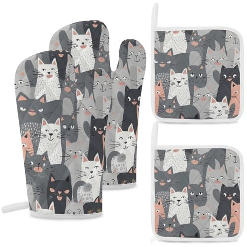 Set di 4 guanti da cucina e presine con simpatici simpatici gatti grigi, resistenti guanti caldi con guanti antiscivolo per barbecue, per cucina, cucina, cottura, cottura al forno, grigliate