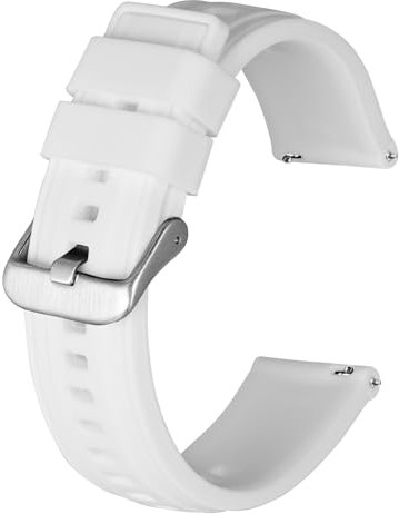 BISONSTRAP Bracelets de Montre en Silicone pour Hommes, Bracelets de Remplacement en Caoutchouc Souple, 20mm, Blanc (Boucle Argentée)