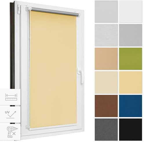 Estika Verdunklungsrollo ohne Bohren, Breite alle 1 cm - 62 cm x 120 cm - Sand - Thermorollo, Rollos für Fenster ohne Bohren, Sonnenschutz Fenster innen