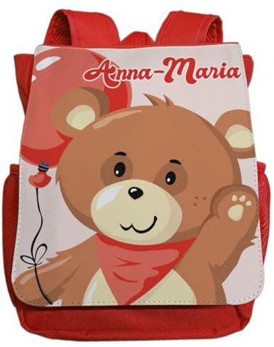 minimutz Kindergartenrucksack Jungen - Personalisiert mit Namen - Kinderrucksack Teddybär mit Luftballon - Kleiner Freizeitrucksack Kita Kindergarten 2-5 Jahre (rot)
