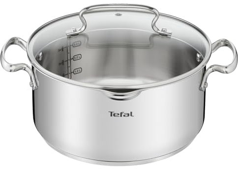 Tefal Duetto+ Kochtopf | Ø 24 cm | Alle Herdarten + induktionsgeeignet | einfache Reinigung in der Spülmaschine | Messskala | Glasdeckel zum Abgießen | 5 Liter Fassungsvermögen | Edelstahl