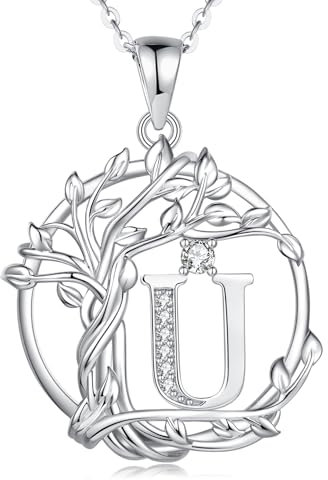 FANCIME Lebensbaum Buchstaben Kette Damen, 925 Sterling Silber U Alphabet Initialen Anhänger Halskette Schmuck Geschenke für Damen Frauen Mädchen, Kettenlänge: 40+5 cm