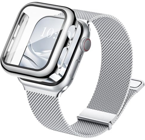 Raradev 3-in-1 Compatible with Apple Watch Metal Straps 40mm with Case & Screen Protector, Dual Magnetic Replacement Band and Protective Cover with 9H Tempered Glass for iWatch SE Series 6/5/4, Silver