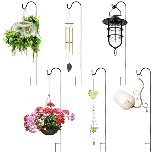 Abaigeal 6 Pack Shepherds Hooks for Garden Lights, 31.7inch / 80.5cm Adjustable Height Shepherds with Base, Metal Garden Border Hooks for Lanterns Lights, Plant Baskets, 4 Section Stitching (Black)