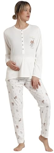 Disney Pijama premamá Mujer Invierno algodón y poliéster – Pijama Bambi You Are so Loved con Tapeta de Lactancia y pantalón Largo Cintura Regulable, Punto Suave, Color Crudo, Talla XXL