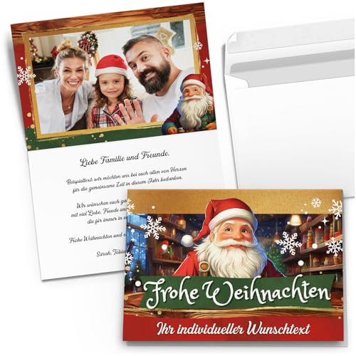 Weihnachtskarten mit Umschlag 10 Stück | PERSONALISIERT mit Text & Foto | Weihnachtskarte selbst gestalten | Premium Grußkarten Set Weihnachten | Weihnachtsmann klassisch