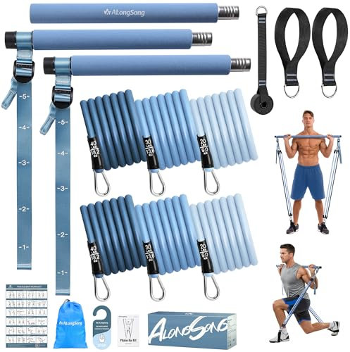 ALongSong Elastiques Musculation Barre de Pilates - 2025 Kit Fitness Maison avec 6 Bandes de Résistance Élastique 20-180Lbs & Ancrage de Porte pour Complet Entraînement Yoga/Musculation