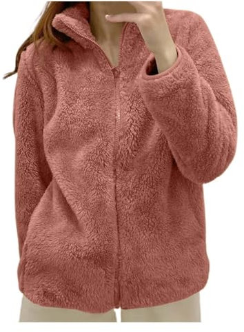 Generico Felpa Pile Donna Con Zip Senza Cappuccio Invernale Caldo con Cerniera Giacca da Camera Donna Invernale Corta Pile Giacche Invernale con Pile Tinta Unita Cappotto Peluche Giubbotto Comoda