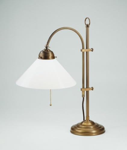 Licht-Erlebnisse Premium Tischleuchte Echt-Messing Glas in Berliner Messing Weiß Büro Schlafzimmer 53 cm E27 Zugschalter wohnlich blendarm Jugendstil Tischlampe flexibel