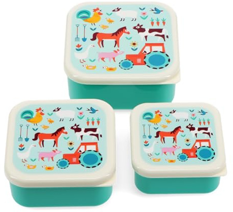 dotcomgiftshop Rex London Snack boxes (set of 3), kids snack box, Farmyard | kids snack box, toddler lunch box, snack boxes for kids, reusable bento container, school meal carrier, plastic divided tray