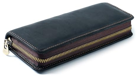 kokdid Stifteetui aus Leder für Damen und Herren, Leder-Stifthalter, Reißverschluss, Leder-Federmäppchen, elastische Stiftschlitze für Buntstifte, Schwarz , 20x8x3cm