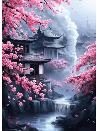 MAXBYE Kirschblüten Diamond Painting Art Kits, 5D Diamond Kunst Komplett Set DIY Gem Kunsthandwerk für Erwachsene Anfänger, Haus Runde Diamant Bilder Kristall Kreuzstich Home Wall Decor 30x40cm