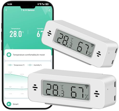 Fagalil Intelligentes Hygrometer-Thermometer, 2 Stück, WLAN-Temperatur- und Feuchtigkeitssensor, kabellos, mit Benachrichtigungs- und Datenspeicherung, tragbare Überwachung der Umgebungstemperatur