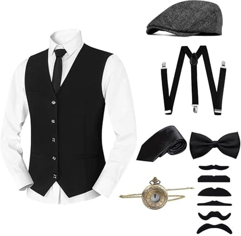 Mezeic 1920er Jahre Herrenkostüm, 20er Jahre Kostüm Herren Great Gatsby Gangster Weste Fliege Newsboy Hut Taschenuhr Hosenträger Mafia Kostüm Herren Outfit Zubehör Set
