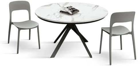 PAZZO DESIGN Table ronde extensible Adélaïde, table de cuisine et salle à manger, pieds croisés noirs, plateau couleur marbre blanc statuaire, fabriqué en Italie, de 120 à 170 cm - id_2282