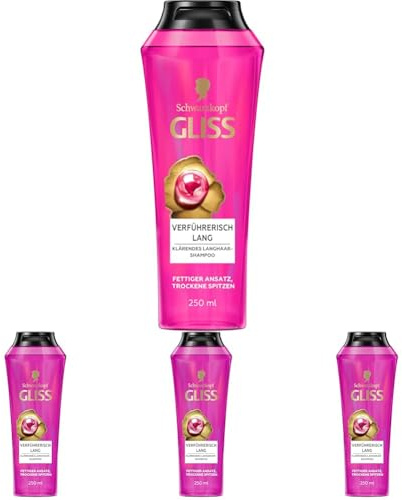 Gliss Shampoo Verführerisch Lang (250 ml), Haarshampoo mit Biotin-Komplex & Pfingstrose, Pflegeshampoo pflegt trockene Spitzen & befreit von fettigem Ansatz (Packung mit 4)