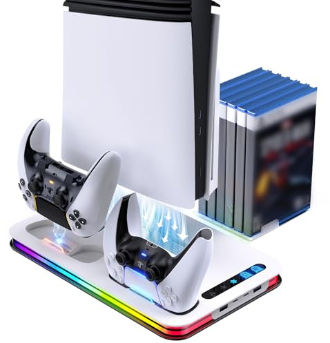 Lomffy Support PS5 pour PS5/PS5 Slim/PS5 Pro, P5 Ventilateur Station de Refroidissement avec Ventilateur à 3 Niveaux et 8 Lumières RGB, Chargeur Double Manette, 6 Emplacements de Jeu, 4 Ports