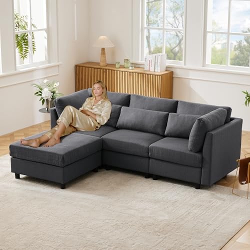Bladez Modulares L-förmiges Sofa Ecksofa mit beweglichem Hocker, 3-Sitzer Couchesectional Leinen-Stoff, für Wohnzimmer, 3-4 Personen, Einfache Montage(Grau-L-Leinen)