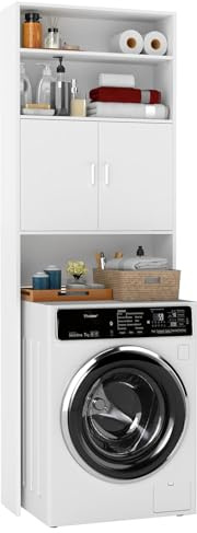 Songvas Mobile Lavatrice, Mobile Sopra Lavatrice/WC/Asciugatrice, con Ante e Ripiani Aperti, Mobiletto Bagno Salvaspazio, per Lavanderia, Bagno, 185 x 63 x 20 cm, Bianco