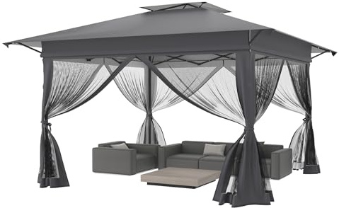 YRHome Anthrazit 3x3m (Dach 4x4m) POPUP Faltpavillon,Höhenverstellbar Stabiler Gartenzelt mit Doppeldach, Ink. Tragetasche&4 Moskitonetzen, Wasserdicht & UV-Schutz | 210D Oxford, für Garten