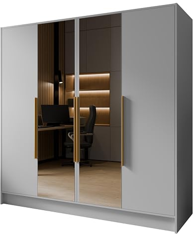 Margaret Hadas24 Drehtürenschrank Goya Kleiderschrank, Spiegel, Griffen, Push-to-Open Tip-ON, großer Stauraum, Regale, Glatte Türen (weiß, goldene Griffe, mit Spiegel, 200 cm)