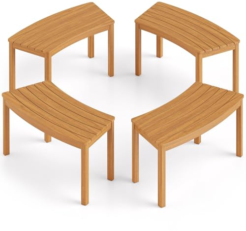 COSTWAY 2/4 Bancos Jardín Curvo de Madera Acacia, Banco Curvado sin Respaldo, Porche Terraza Jardín Patio Exterior Interior, 38,5 x 79 x 45 cm, Carga 180kg, Natural (4)